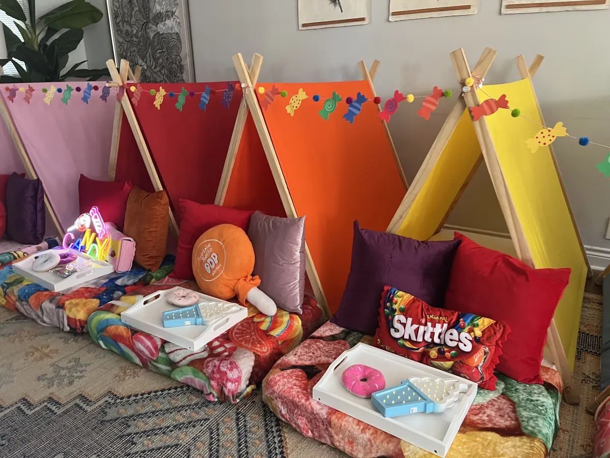 Candy Explosion sleepover tent setup