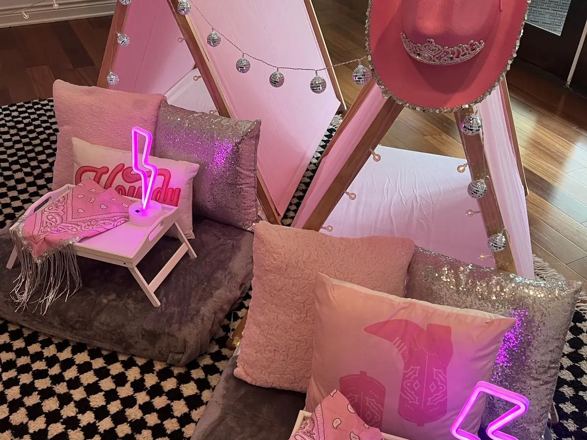 Disco Cowgirl sleepover tent setup