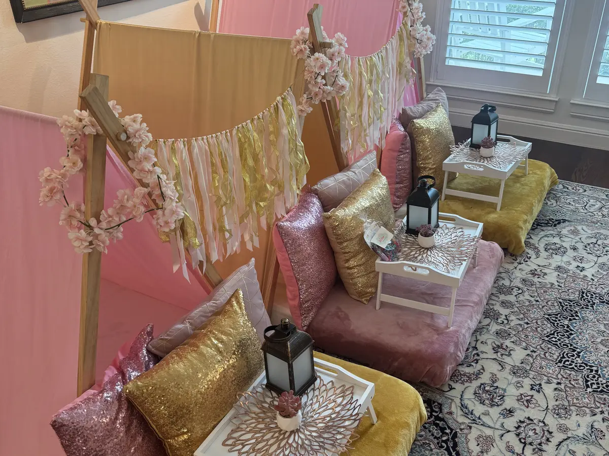 Pink & Gold sleepover tent setup
